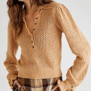 We The Free Open Knit Henley Sweater in Camel